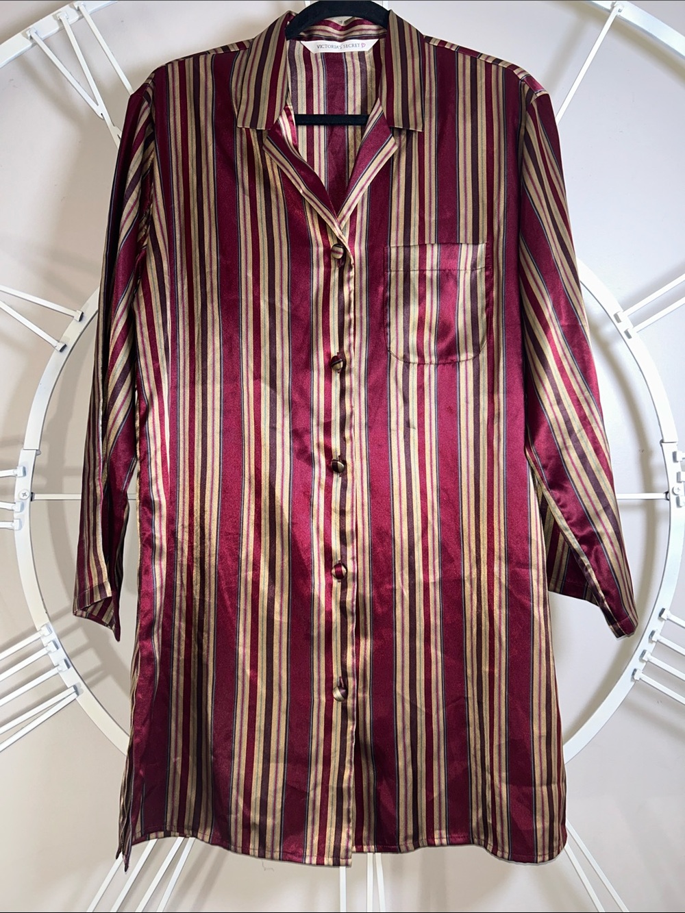 Vintage Victoria's Secret Burgundy & Gold Striped Satin Button-Front Sleep Shirt